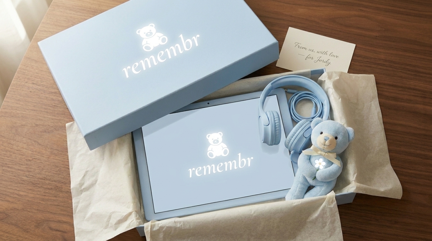 The light baby-blue remembr edition for boys — open presentation box with tablet, headphones, plush teddy and a handwritten card
