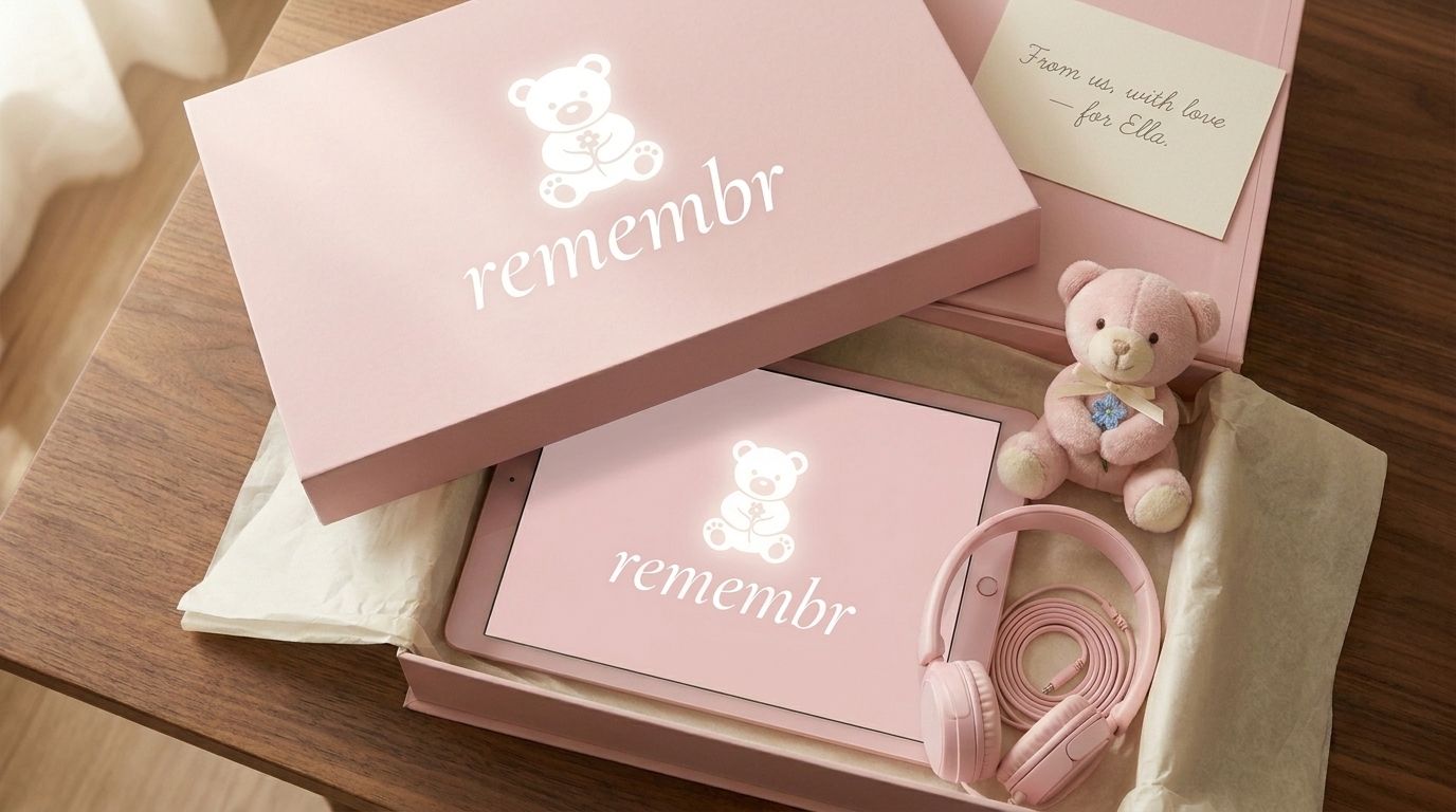 The light baby-pink remembr edition for girls — open presentation box with tablet, headphones, plush teddy and a handwritten card