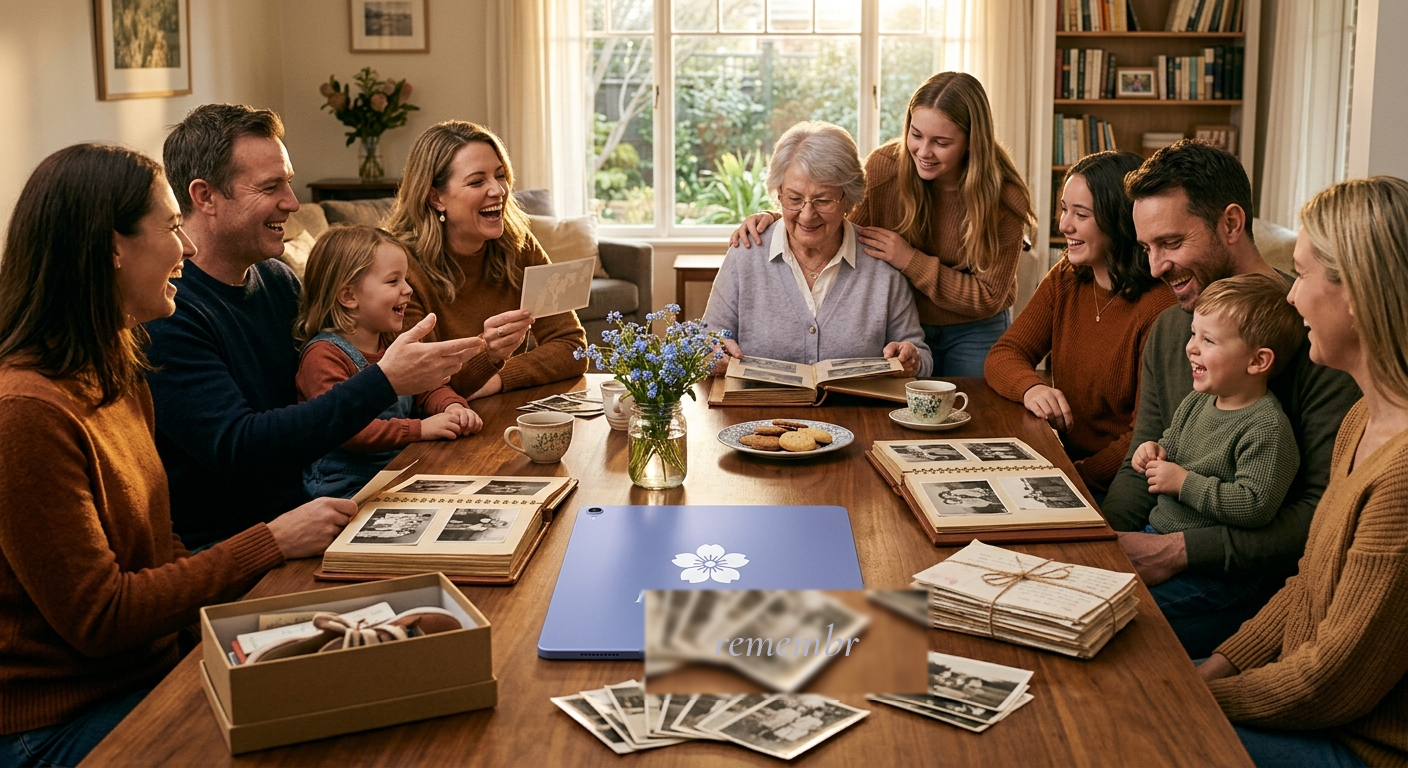 A family gathered around a kitchen table with their grandmother, sharing photos through a lavender remembr tablet