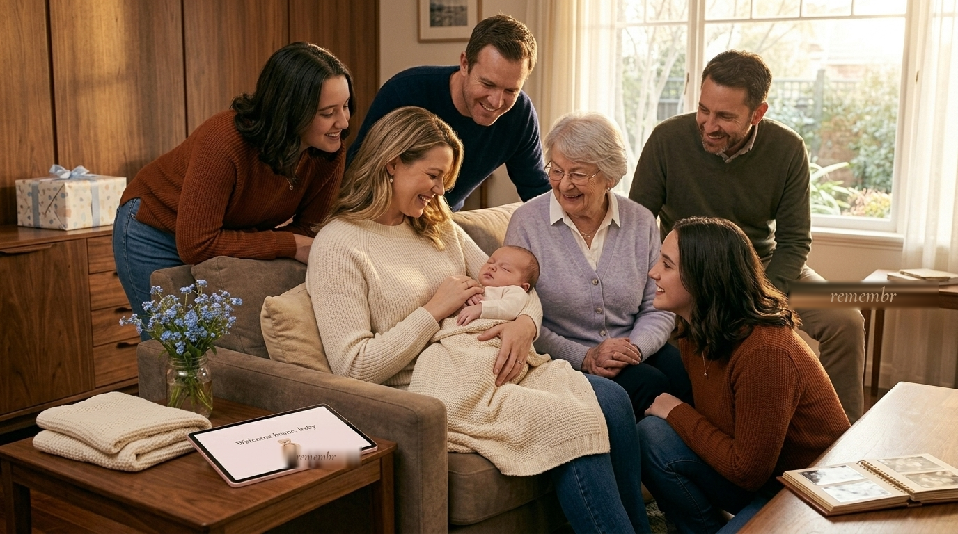 A family welcoming a newborn baby home, gathered around the mother on a sofa with the pink remembr tablet on the side-table