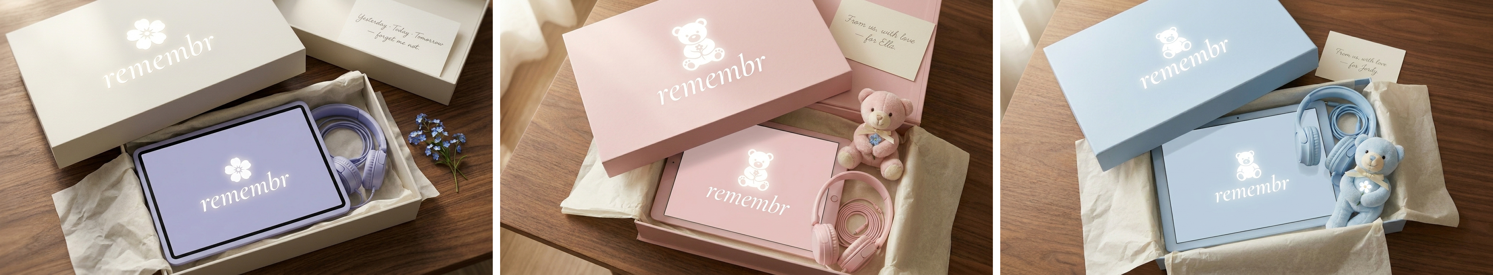 The three remembr gift box editions — lavender, baby blue, and soft pink — each carrying the forget-me-not wordmark